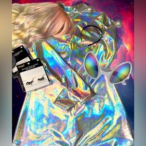 👽Sexy Alien Halloween Costume/Rainbow wig, Moon & Stars Eyelashes, Sunglasses